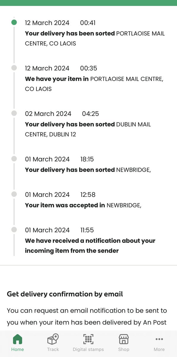EilsMG's tweet photo. @DavidMcredmond @EamonRyan 
Day 14 of registered parcel which should by now be delivered to Switzerland is still languishing in Portlaoise sorting office.  Excuse is no flights !!! and by the way - I should keep tracking it on my App !! Registered is no guarantee they say ! https://t.co/G9kIVGyvc8