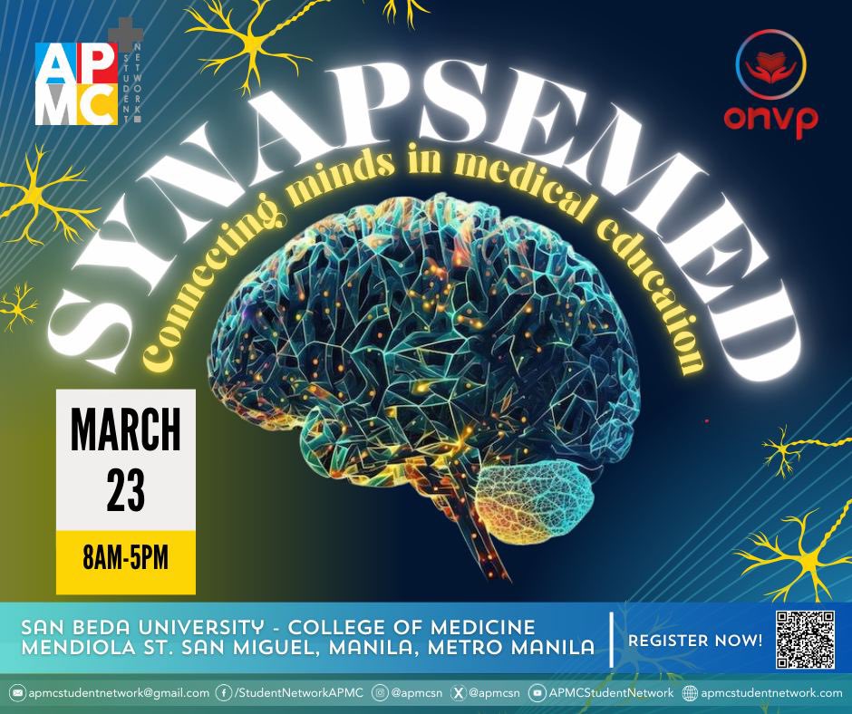 thekarendabi's tweet photo. Inviting all aspiring med students and physicians to join our event called "SynapseMed: Connecting Minds in Medical Education." by APMC-SN at San Beda University this March 23,2024.
#medph #nmat #medicineph #Philippines
Press the link below to register.
https://t.co/qE153Shhp0 https://t.co/XVDBmEoAZb