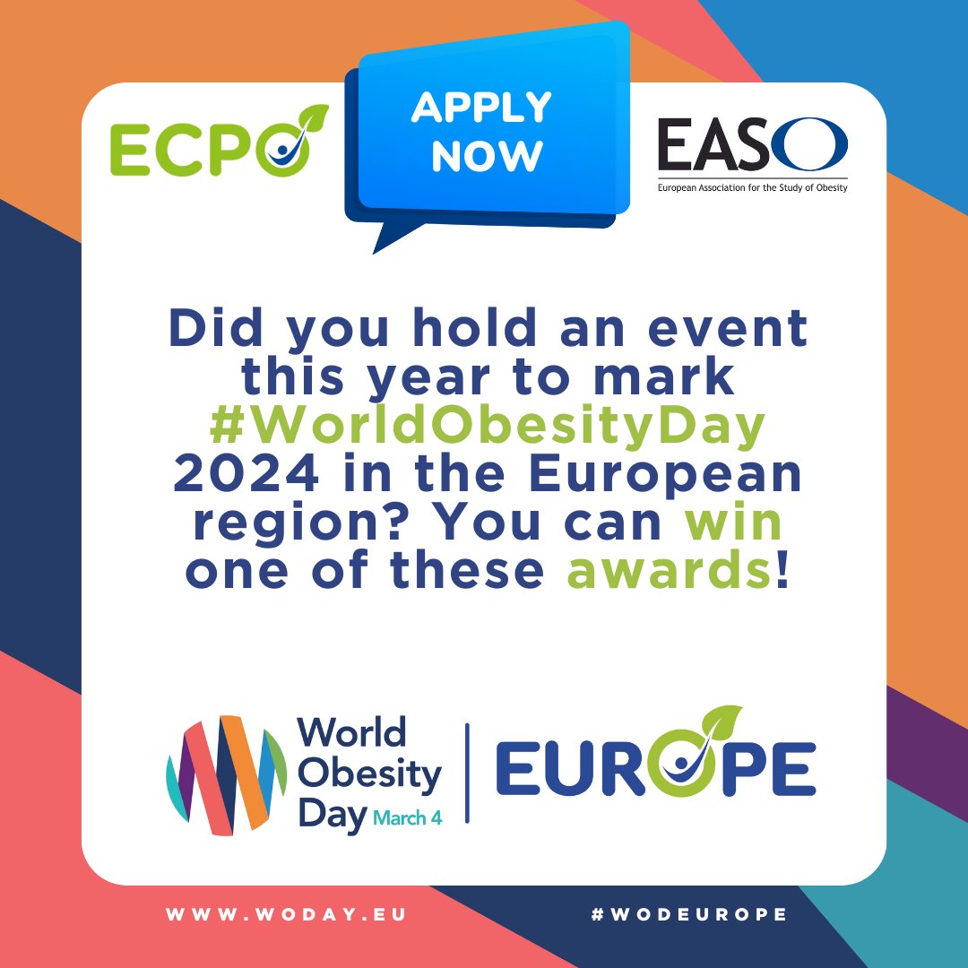 🏆✨ Join us in celebrating excellence! Submit your application for the #WODEurope Awards, a joint initiative from @ECPObesity and @EASOobesity. Let's shine a spotlight on impactful initiatives in #AddressingObesityTogether! 💙 Apply now: woday.eu/grants-and-awa…