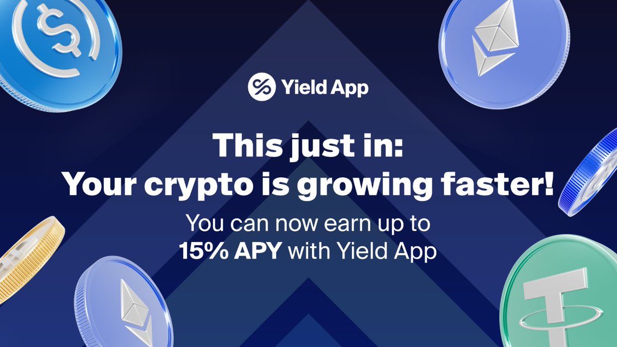 YieldApp's tweet photo. 🚨 BREAKING: Your crypto is growing faster! Our earning rates for USDC, USDT, DAI, TUSD and ETH just made a very competitive jump.
🤑 You can now earn up to 15% APY on your stablecoins and up to 10% on your ETH with Yield App!
#YieldApp #WhereCryptoGrows #Stablecoin #ETH https://t.co/YcXn2kWY2P
