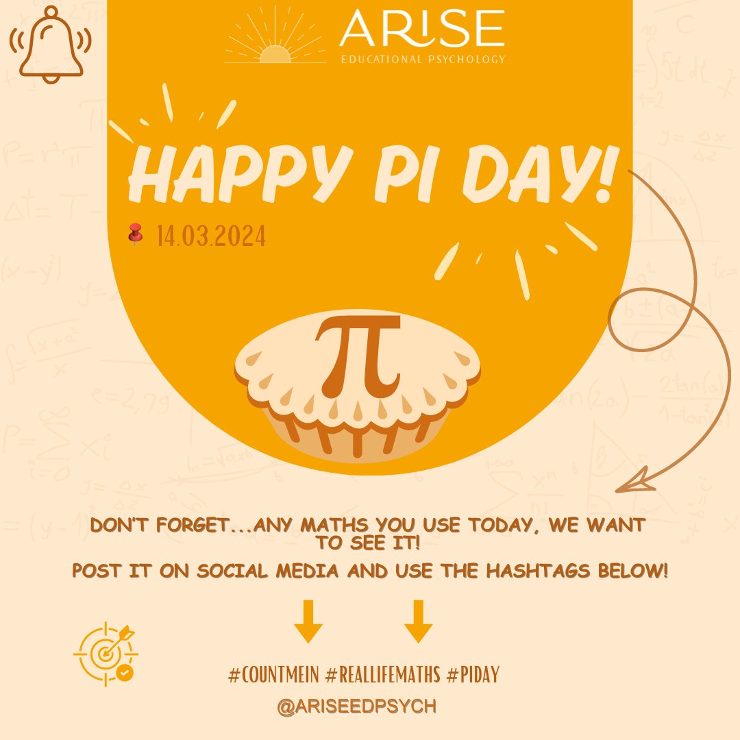 Happy Pi Day! 🥧 Remember…Today we want everyone to be posting about maths, whether it's simple addition or intricate geometry. We're eager to see it! ✅Don't forget to use the hashtags #Countmein #Reallifemaths #Piday and tag @ariseedpsych