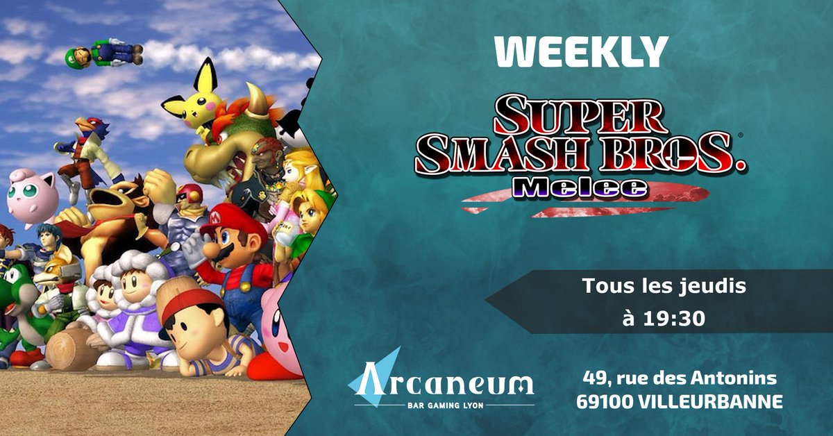 ArcaneumLyon's tweet photo. 🔷 WEEKLY SUPER SMASH BROS. MELEE 🔷

🆓 Tournoi Gratuit / Consommation Obligatoire

Freeplay à partir de 17h et tournoi à 20h.
Tous niveaux, gratuit, rediffusé sur Twitch

 @MeleeLyon @8VSsmash 

--------------------------
🚋 T1 Arret INSA - Einstein
🚌 C17 I C26 Arret Antonins https://t.co/p5mwOLwJjl