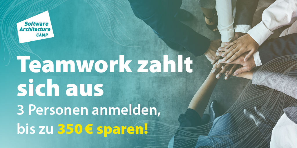 SoftwareArcCamp's tweet image. Teamwork zahlt sich aus! Erfahre, wie in unseren Hands-On-Workshop die Zusammenarbeit gefördert wird und spare mit der Anmeldung von 3 oder mehr Personen bis zu 350€ in jedem unserer Camps!
software-architecture-camp.de