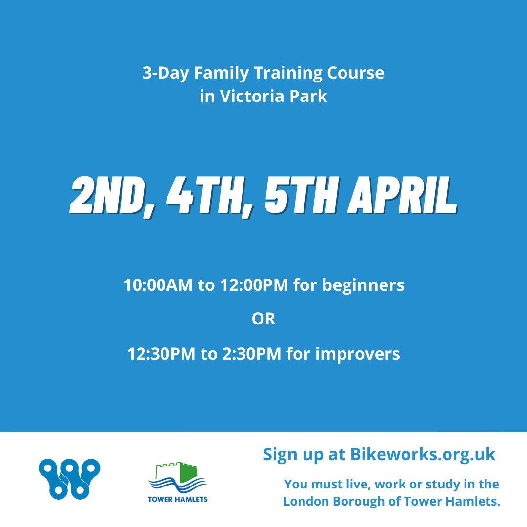Gear up for a good time this Easter Holiday! 🌷🐰 Join our 3-day Family cycle training course on Tues 2nd, Thurs 4th, and Fri 5th April at the beautiful Victoria Park. Secure your spot now - sign up at our website. #FamilyCycling #TowerHamlets #CycleTraining #Bikeworks