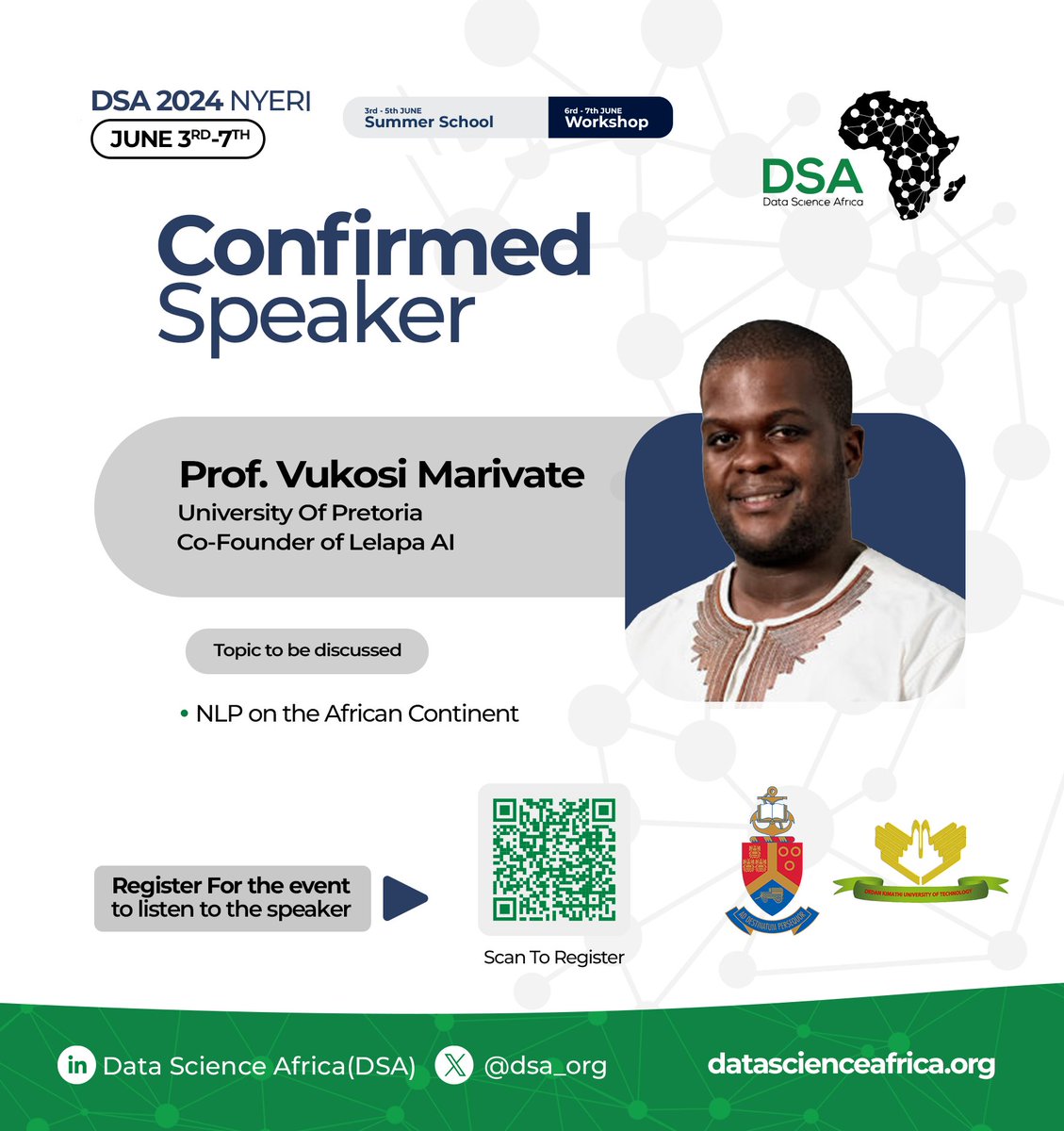 🚀 Exciting update! Delighted to reveal that Prof @vukosi is a keynote speaker at #DSA2024Nyeri! He's an esteemed Associate Professor in Computer Science, currently the ABSA UP Chair of Data Science at the University of Pretoria. 👉bit.ly/4cbhqmq 🙌 #DataScienceAfrica