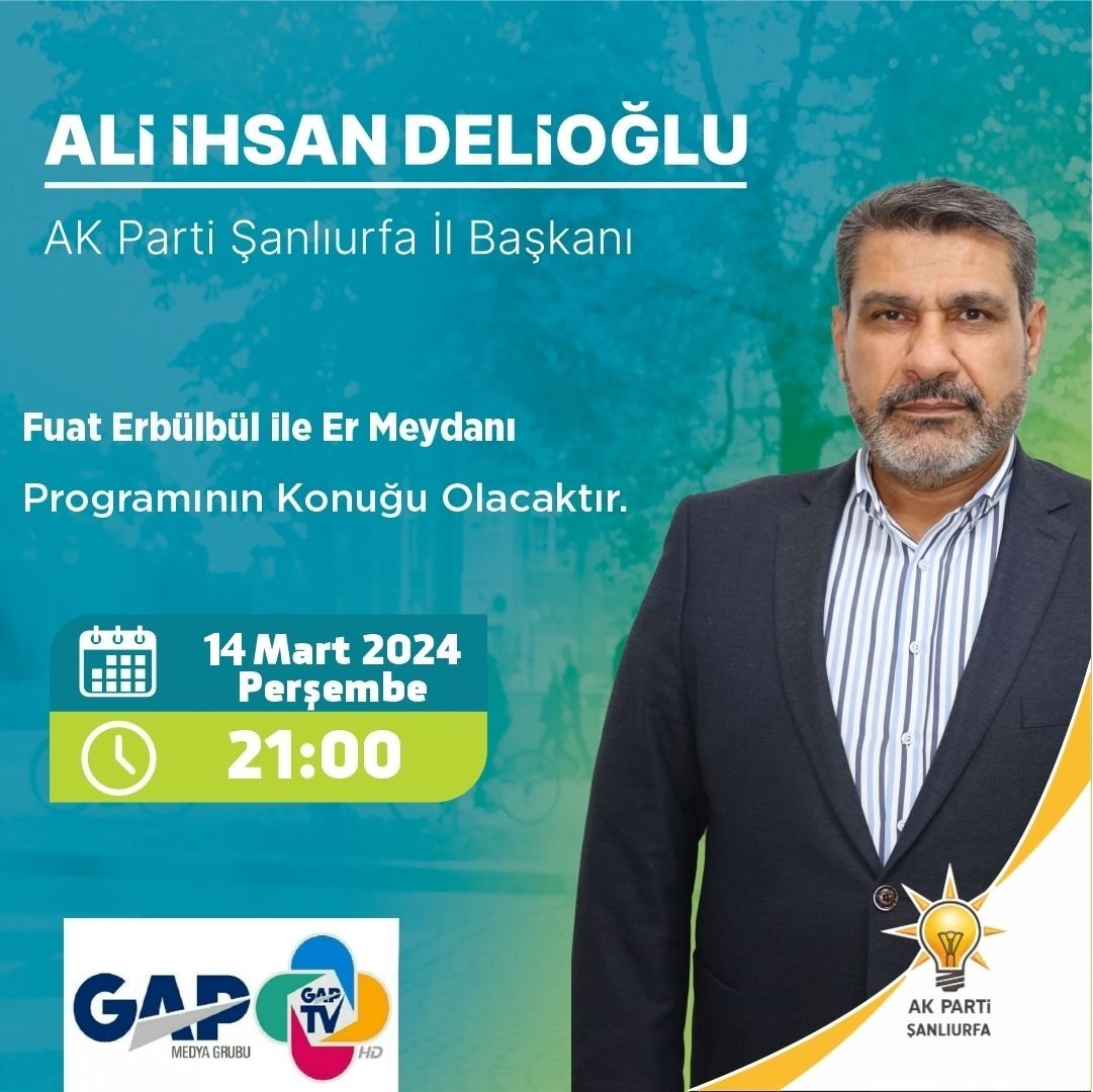 İl Başkanımız <a href="/adelioglu63/">Ali ihsan Delioğlu</a>, 'Fuat Erbülbül İle Er Meydanı' programının canlı yayın konuğu olacaktır.

🗓 Bugün
⏰  21:00
📺 urfagaptv.com 

İyi seyirler dileriz.
<a href="/erkankandemir/">Erkan Kandemir</a> <a href="/FErbulbul/">Fuat Erbülbül</a>