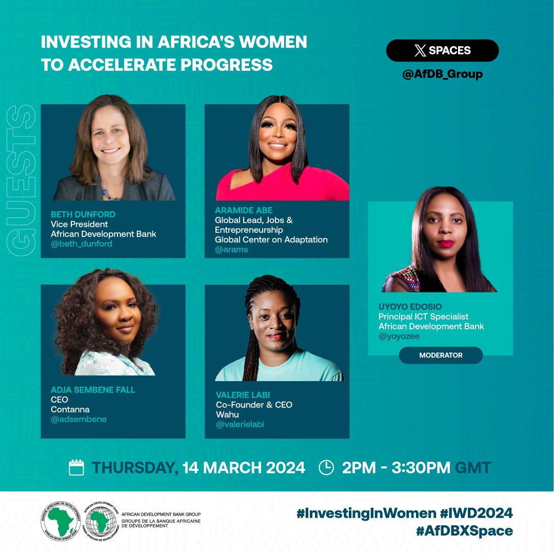 #AfDBXSpace: Join us TODAY at 2PM GMT for an #XSpace discussion on strategies to bridge the $42 billion financing gap facing Africa's women entrepreneurs. We want to hear from you - share your comments using the hashtag #InvestingInWomen:  bit.ly/3IAQ4bP  #IWD2024