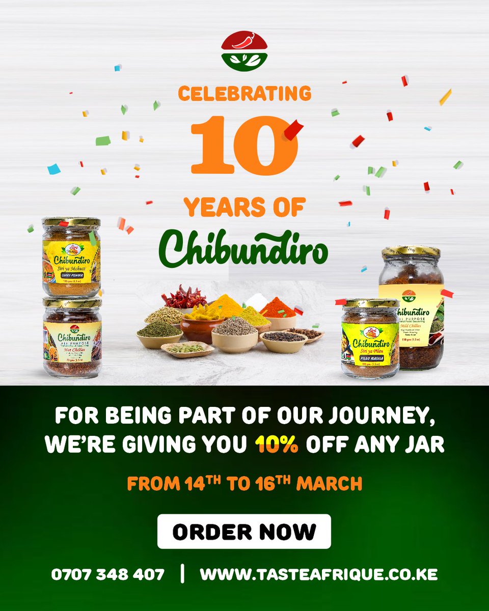 WE TURN 10 TODAY! 🧡🌿 Thank you for being part of this incredible journey with us
And of course we come bearing gifts... order your favorite natural seasoning today and enjoy 10% OFF! Visit our website to order or call us: 0707348407

#sirinichibundiro #anniversary #SALE