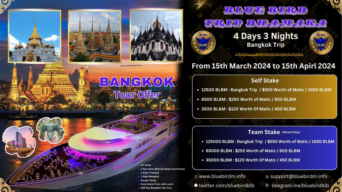 bluebirdblb's tweet photo. 🌟 Exciting Announcement! 🌟

Get ready to immerse yourself in the vibrant culture and mesmerizing sights of Bangkok with Blue Bird! 🐦 Join us for a 4-day, 3-night adventure filled with unforgettable experiences. 
#bluebird #blbm #blb #blbstaking https://t.co/Wy3uvx6LdZ