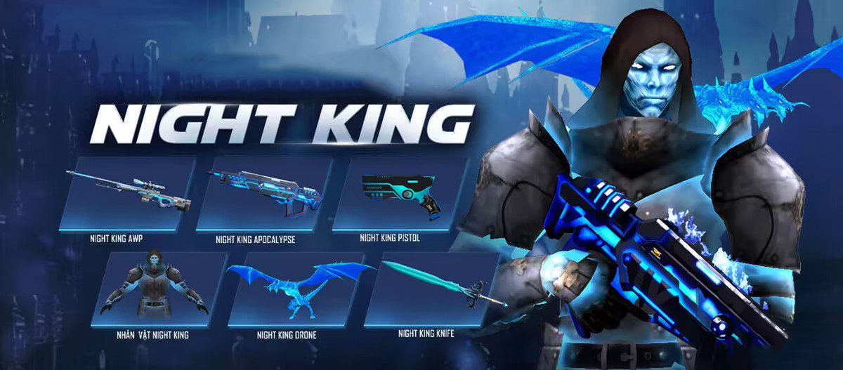 Chill with the coolest gear! 🧊👑 Meet the NIGHT KING, wielding the frosty power of the Night King AWP, Apocalypse, and Pistol. Don't miss his icy companions: the Night King Drone and Knife, ready to freeze the competition.