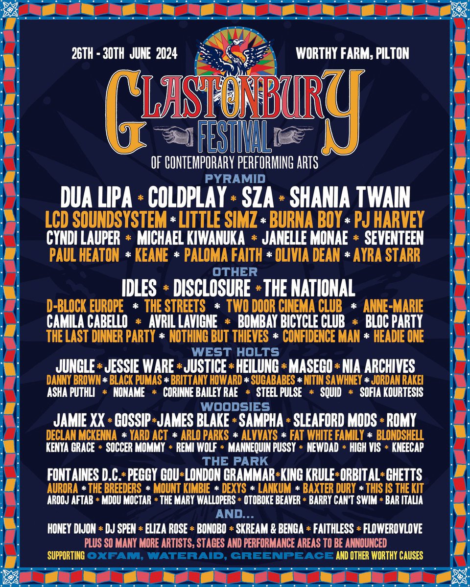 🎉🎉 Here’s your first look at the official Glastonbury 2024 lineup, ft headliners <a href="/DUALIPA/">DUA LIPA</a>, <a href="/coldplay/">Coldplay</a> and <a href="/sza/">SZA</a> 

#GlastoFest