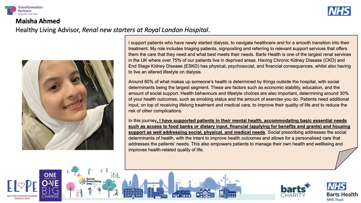 Happy #SocialPrescribingDay! Join me and @BartsHospital @Barts_Charity in celebrating Maisha, our renal diseases social prescriber, who helps so many dialysis patients cope in their daily lives @RoyalLondonHosp @NHSBartsHI