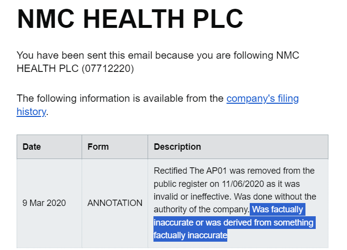 cynthiao's tweet photo. Movement at @companieshouse  🙏!
Getting notifications of 'factually inaccurate' information being removed from the register... Big job ahead for Companies House to clean up the UK corporate register #funkyfilings #NMCHealth https://t.co/JR5EWoXRos