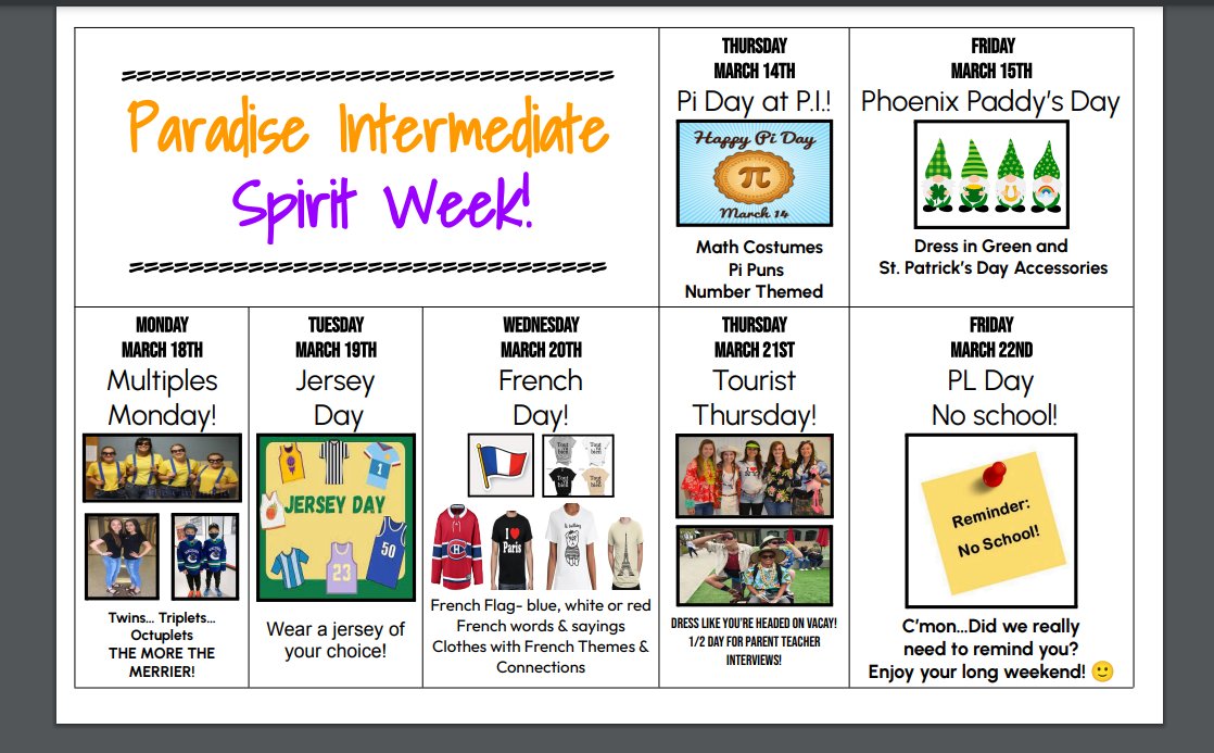 It's Pi day at Paradise Intermediate today as we kick off spirit week with your best Math inspired attire! Think numbers, Pi puns and fun Math activities all day! There will also be student prize draws all day. We can't think of a better way to start our spirit week at PI 😀