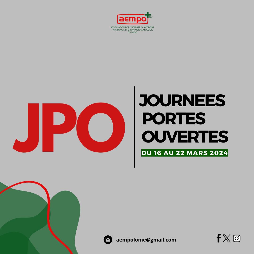 aemptg's tweet photo. Une nouvelle page s'ouvre à l'AEMPO-Lomé et c'est avec vous que nous écrivons les premières lignes de cette page.
Nous vous invitons aux Journées Portes Ouvertes (JPO) qui auront lieu du samedi 16 au vendredi 22 mars 2024 au sein de la FSS à l'Université de Lomé. https://t.co/lCEwukjhDD