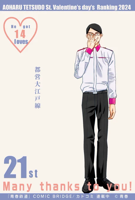 💖青春鉄道バレンタイン2024 💖
✨✨💝ランキング発表✨✨

本日の発表です🚃✨
今年はこのあたりから刻んで参りました…

🏆21位
💖獲得数 14

#青鉄VD2024
#青春鉄道

今年もたくさんの愛💖をありがとうございました❣ 