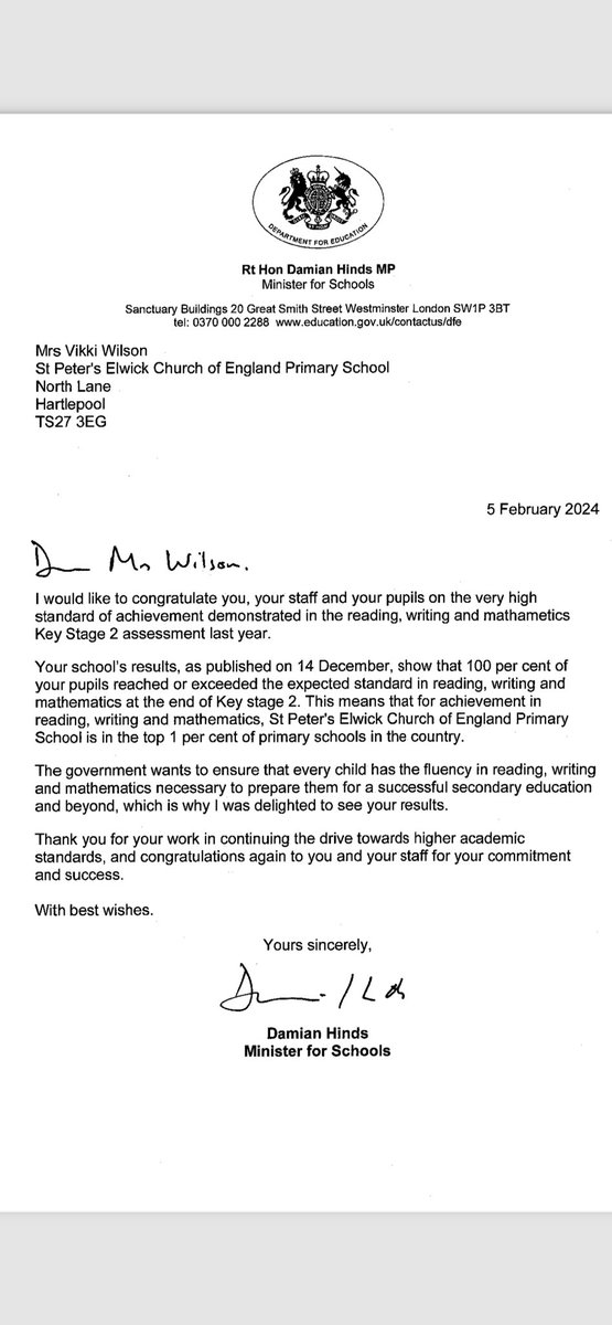 Wow ! Top 1% of schools nationally 👏👏. We are thrilled to share that St Peter’s Elwick has received a letter of commendation from the Government Minister for Schools acknowledging the commitment of St Peter’s staff and congratulating them for their high standards of attainment.