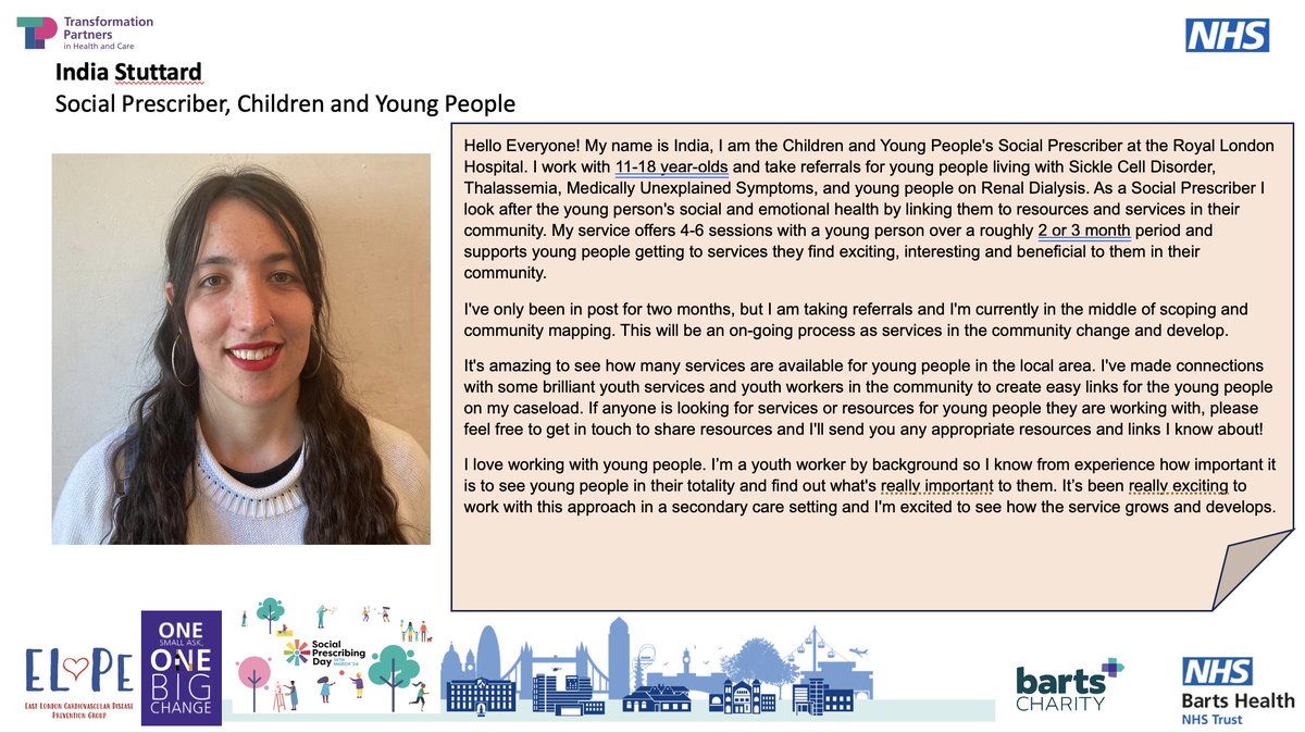 Happy #socialprescribingday! Meet India, one of the fab social prescribers working in children and young people settings @RoyalLondonHosp, who are making a huge difference to young people and their families lives @KathEvans2 @Nellyfletch71 @NHSBartsHI @NHSBartsHealth