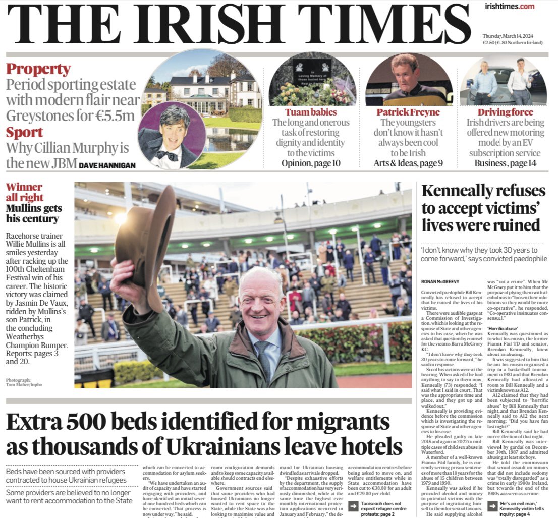 Racehorse trainer Willie Mullins is all smiles yesterday after racking up the 100th Cheltenham Festival win of his career. The historic victory was claimed by Jasmin De Vaux, ridden by Mullins’s son Patrick.
Photograph:
Tom Maher/Inpho #CheltenhamFestival