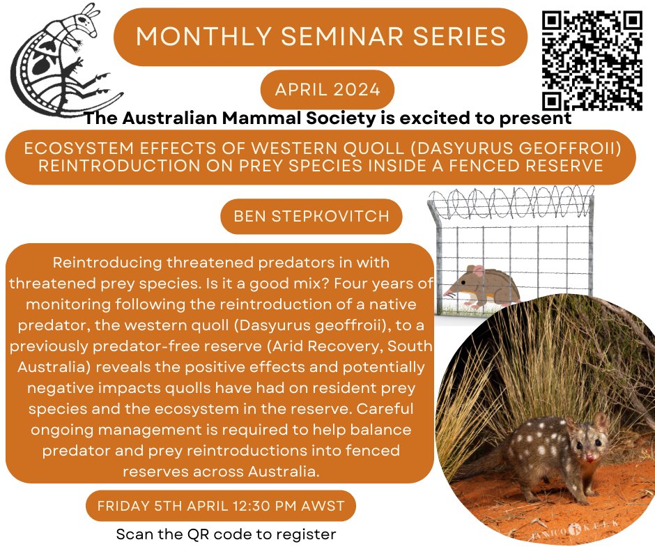 Join us for our April seminar! Features PhD candidate Ben Stepkovitch talking about the effects reintroduced western quolls have on prey species in a fenced reserve. Seminars are open to the public but please register at: us06web.zoom.us/meeting/regist…