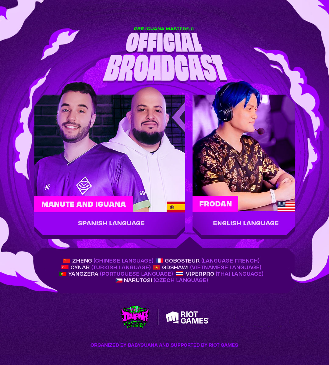 IGUANA (@babyguana) on Twitter photo 🏆IGUANA PBE MASTERS 2nd EDITION🏆
Un gran evento tiene la mejor cobertura posible, por supuesto hemos traído a los mejores casters y retransmitirán el evento en 9 idiomas diferentes.
En español <a href="/manutegaming/">Manute 🔜✈️ CDMX 🇲🇽</a> y <a href="/babyguana/">IGUANA</a> 🇪🇸
En inglés el gran <a href="/Frodan/">Frodan</a> 🇺🇸
En francés <a href="/GobosteurTFT/">AEG Gobosteur</a> 🏆IGUANA PBE MASTERS 2nd EDITION🏆
Un gran evento tiene la mejor cobertura posible, por supuesto hemos traído a los mejores casters y retransmitirán el evento en 9 idiomas diferentes.
En español <a href="/manutegaming/">Manute 🔜✈️ CDMX 🇲🇽</a> y <a href="/babyguana/">IGUANA</a> 🇪🇸
En inglés el gran <a href="/Frodan/">Frodan</a> 🇺🇸
En francés <a href="/GobosteurTFT/">AEG Gobosteur</a>