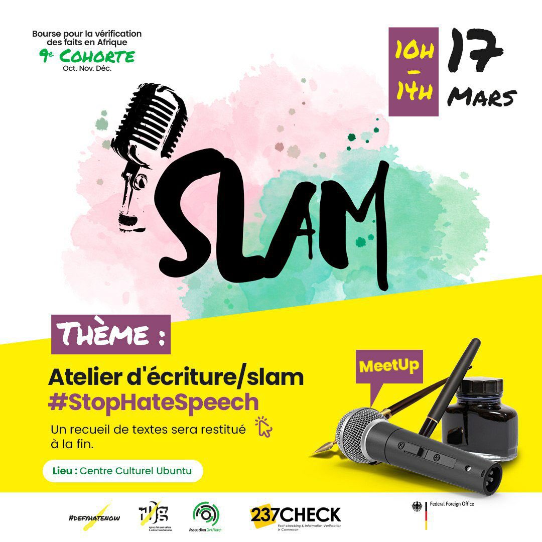 🎙L'art au service de la lutte contre les discours haineux au 🇨🇲 

Passionnés par le #slam rejoignez nos boursiers de la 9e cohorte #AFFCameroon lors du meetup #Art4Peace durant lequel vous travaillerez à écrire des textes impactants pour parler des dangers des discours haineux