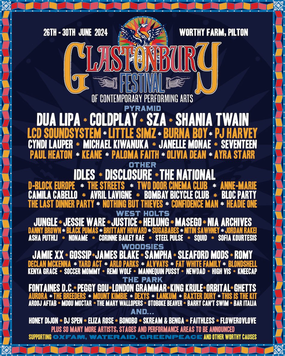 DUALIPA's tweet photo. FRIDAY NIGHT PYRAMID STAGE HEADLINE!!!! I have dreamt of this moment all my life. Something that lived only in my wildest dreams and highest manifestations !!! I am so excited to see you all in my favourite place on earth and make it a night to remember!! Thank you @emilyeavis ~ GLASTO 4EVER 🌊