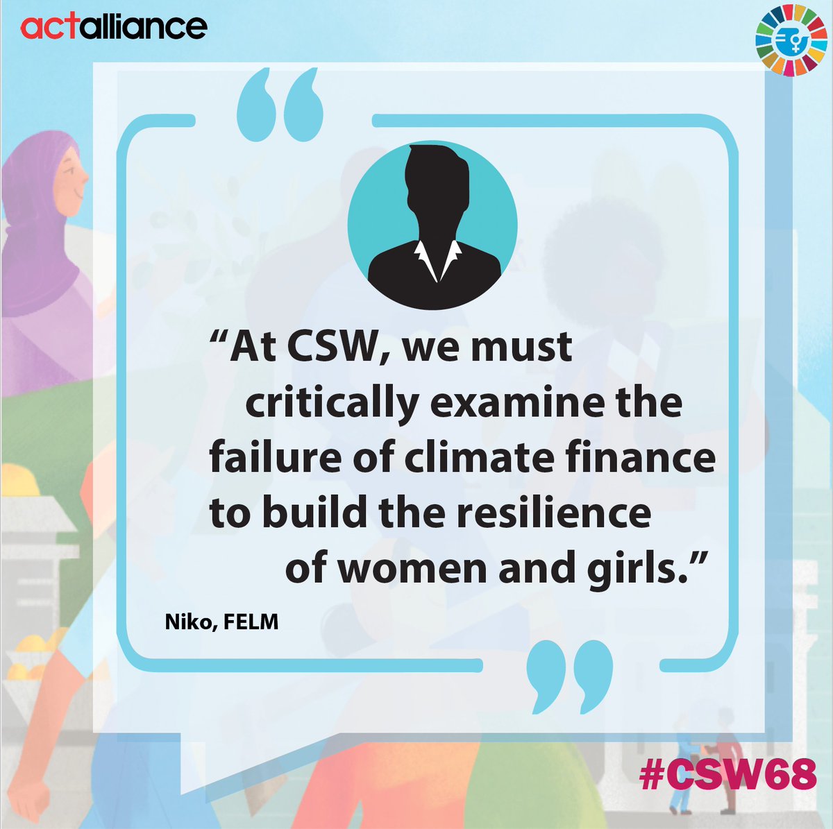 ACTAlliance's tweet photo. ACT members from around the 🌎 are advocating for #gender justice at #CSW68 ♀️

Listen to their voices! 

#TheRoad2Equality https://t.co/jwdELlLTji