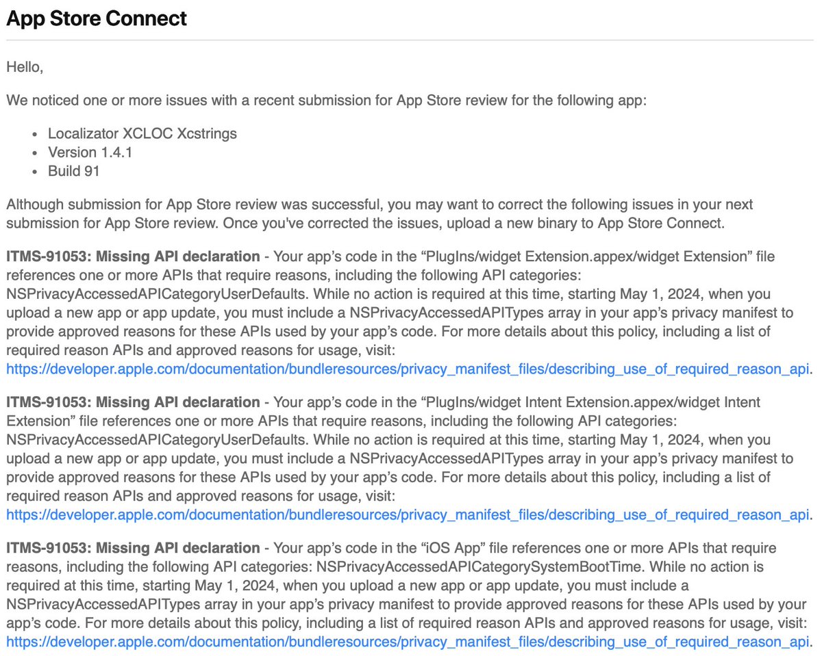 sparrowcode_'s tweet image. С сегодняшнего дня приходит уведомление, если нужно добавить privacy-манифест. Пока просто напоминалка

🛑 С 1 мая такие билды будут отклонятся. Инструкция как добавить манифест по ссылке: developer.apple.com/documentation/…