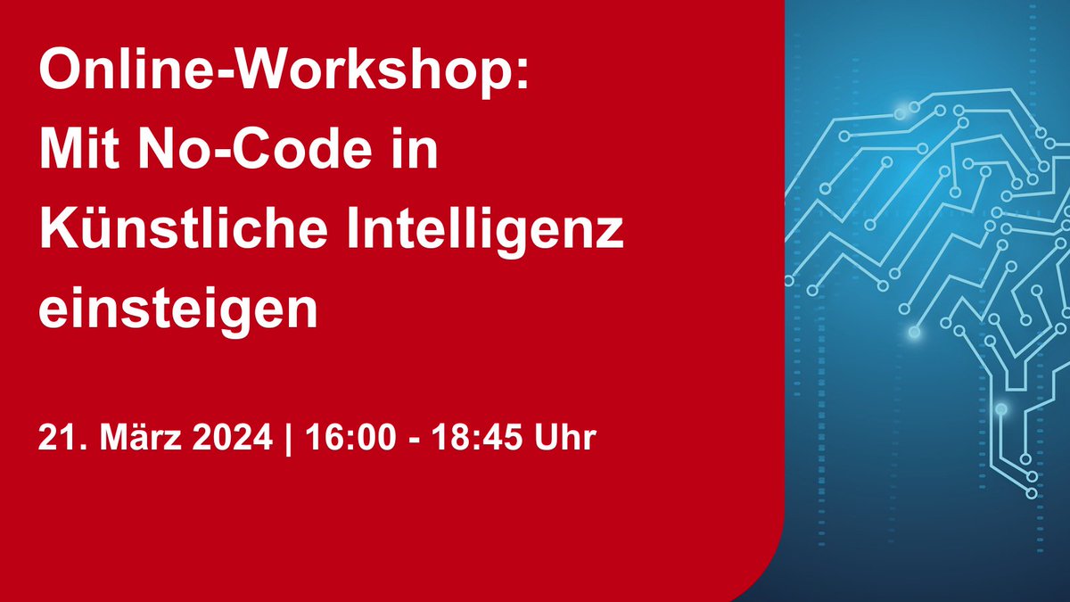 ❗️Update zur Veranstaltung❗️ Der Workshop "Mit No-Code in Künstliche Intelligenz einsteigen" findet ausschließlich online statt. Trotzdem bleibt unser Programm vollgepackt mit spannenden Einblicken in die Welt der Künstlichen Intelligenz! 
Jetzt noch schnell anmelden 👇