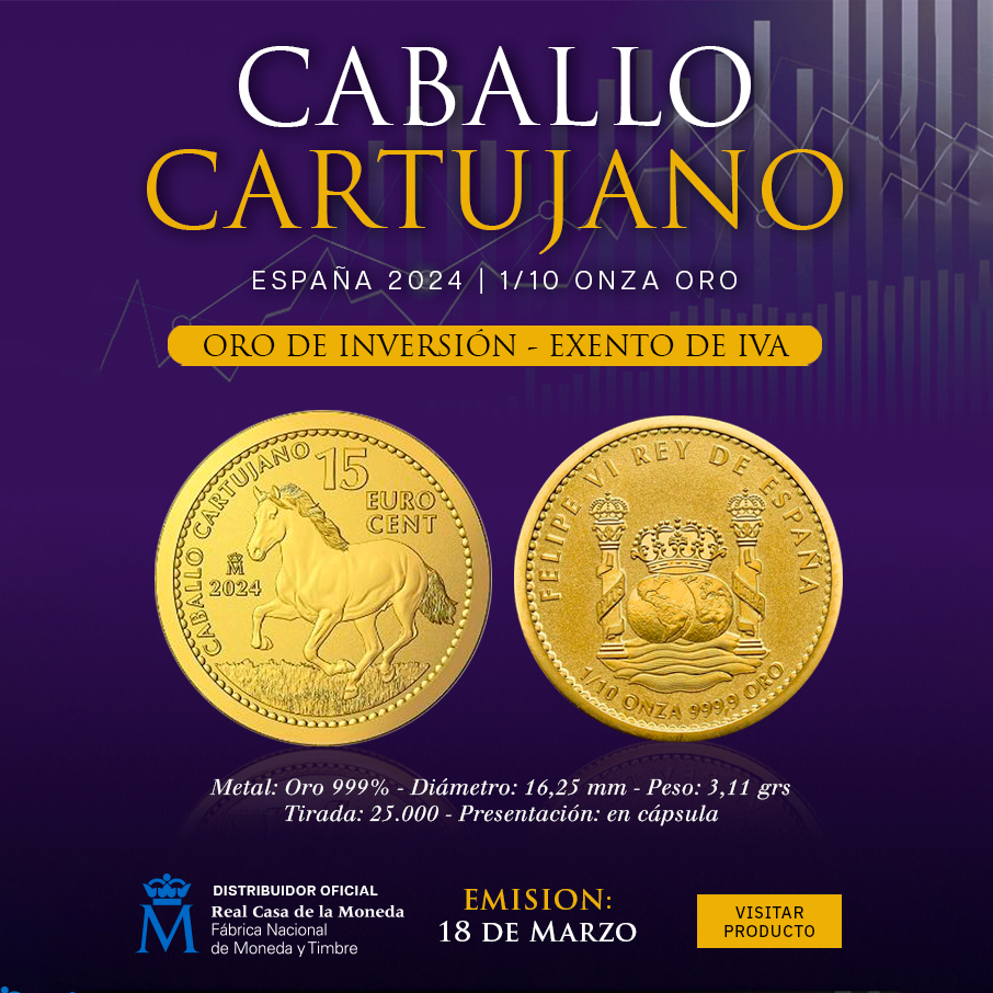 Moneda Caballo Cartujano de 1/10 onza de oro bullion. Acuñada por la FNMT en el 2024 con una tirada de 25.000 unidades.
lamasbolano.com/monedas-de-oro…