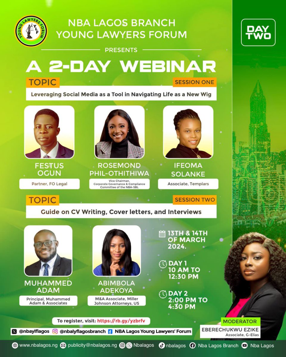 At a virtual session organized by @NbaLagos Young Lawyers Forum, I’ll be speaking alongside other respected colleagues on how to leverage social media in navigating an impactful legal career as a new wig. Please join us, if you can.