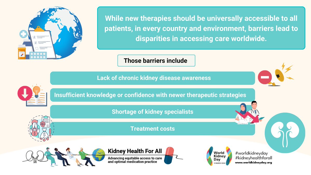 Inequities in access to #CKD treatment exist. Through advocacy efforts, awareness-raising activities, and strengthening health systems, we can make a real difference for people living with kidney disease. 

worldkidneyday.org/2024-campaign/

#WorldKidneyDay #KidneyHealthforAll