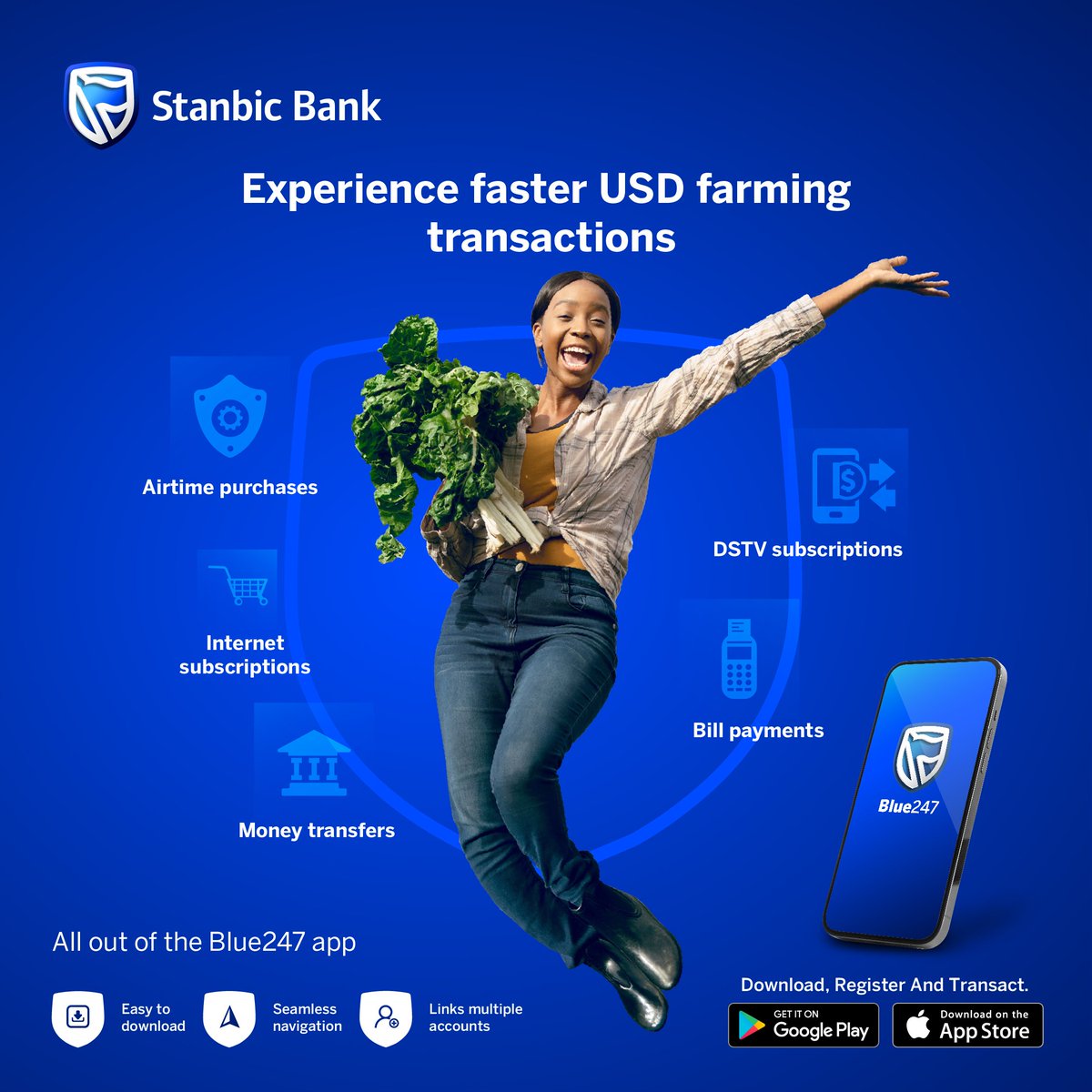 StanbicBankZW's tweet photo. Imagine a life where farming transactions are not only faster but also flawless. This is exactly what the Blue247 App offers. Download the Blue247 App today and enjoy the convenience! #Blue247 https://t.co/NYR5NKVm0p