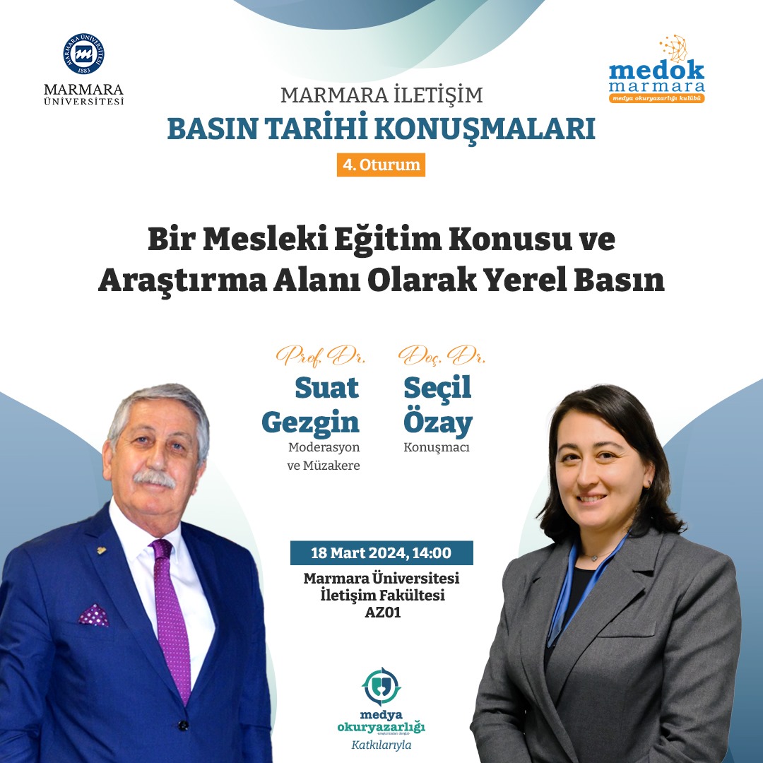 Davetlisiniz! 
@MedokMarmara'nın düzenlenen #BasınTarihi Konuşmaları, Prof.Dr.Suat Gezin Hoca'nın (@suatgezgin2) moderatörlüğünde Doç.Dr. Seçil Özay'ın 'Bir Mesleki Eğitim Konusu ve Araştırma Alanı olarak Yerel Basın' başlıklı konuşmasıyla devam ediyor. 
#marmarailetişim