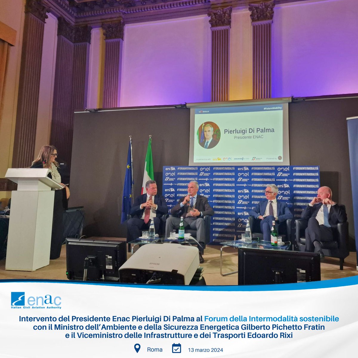 Presidente #Enac Di Palma al Forum Intermodalità sostenibile organizzato da A. Chirico, con Ministro Ambiente e Sicurezza Energetica, G. Pichetto Fratin, e Viceministro MIT E. Rixi. Presidente Di Palma: “Obiettivo virtuoso al 2050 è la #decarbonizzazione con uso carburanti #SAF”.