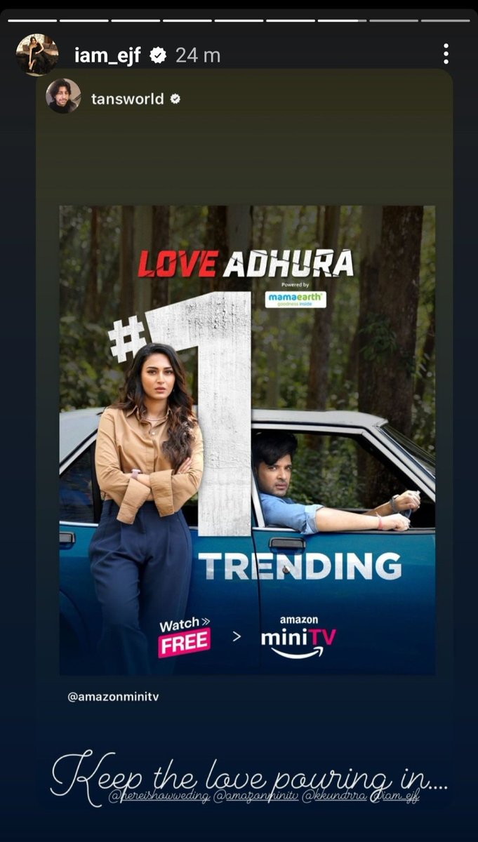 AK3Wonder's tweet photo. Congratulations, Eri and team for No.1 trending!❤️🫰
#EricaFernandes @IamEJF @kkundrra @tansworld @amazonminiTV #LoveAdhura #LoveAdhuraOnAmazonminiTV https://t.co/XZ1Mmx70ho