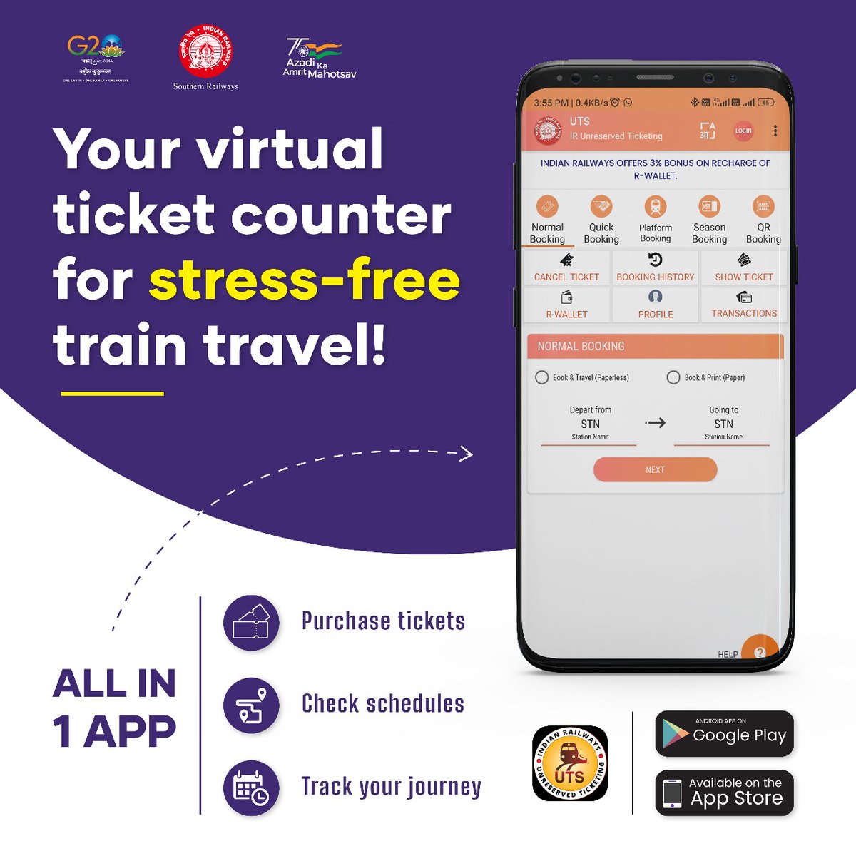 DRMPalghat's tweet image. UTS App- Your All in One Virtual Travel Companion!

Download the app and enjoy seamless unreserved ticket booking facility at one touch. Checking schedules and Tracking your Journey is easier than ever!

#UTSApp #TicketBooking #Traintickets

@GMSRailway @RailMinIndia