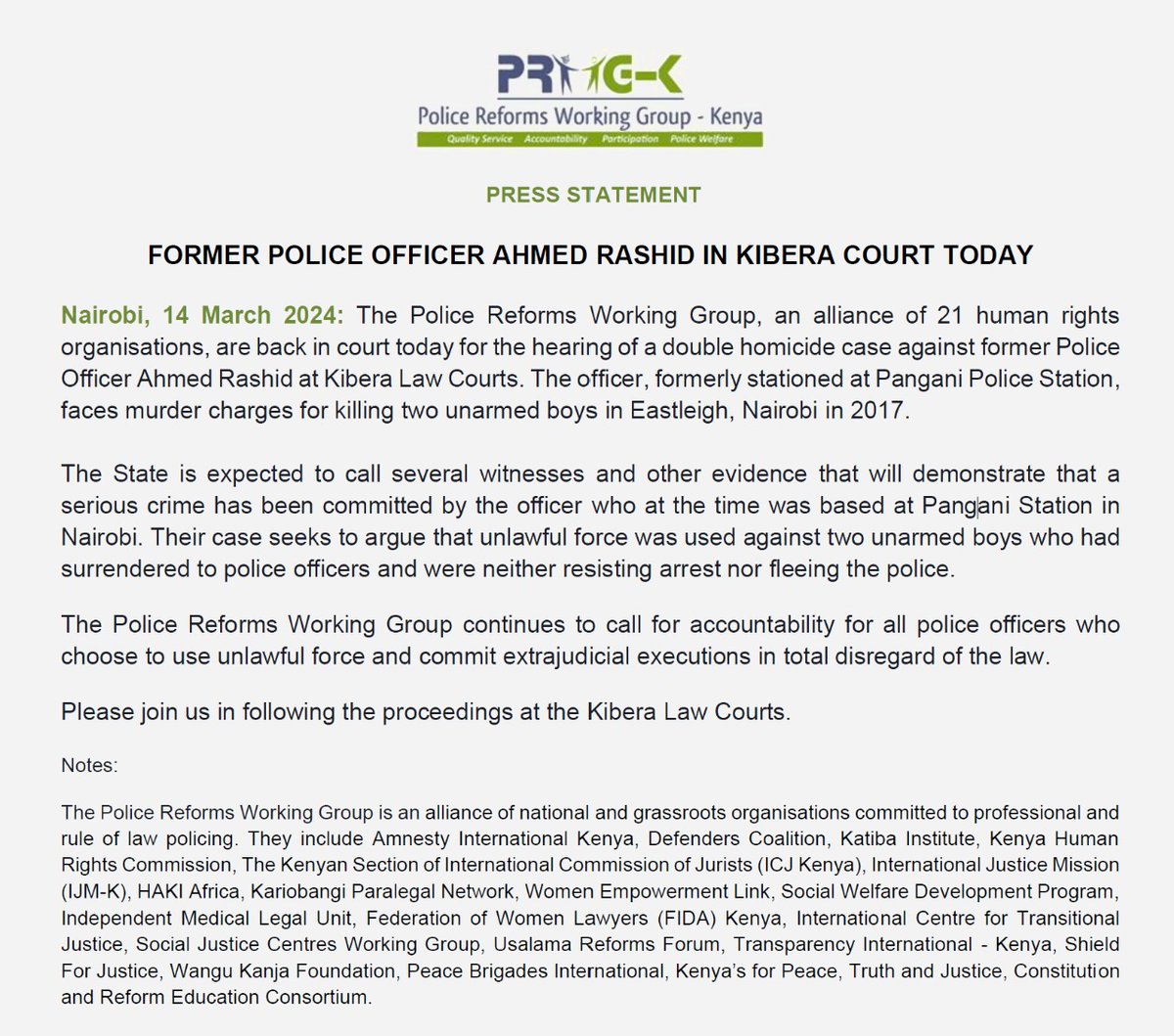 The hearing of the case in which police officer Ahmed Rashid, accused of killing two young men in Eastleigh in 2017, kicks off today at Kibera Law Courts. He was based at Pangani Police Station when the incident happened. <a href="/IPOA_KE/">IPOA</a> <a href="/ODPP_KE/">Office of The Director Of Public Prosecutions</a> <a href="/AmnestyKenya/">Amnesty Kenya</a> <a href="/UhaiWetu/">Social Justice Centres Working Group</a> <a href="/IMLU_org/">IMLU</a>