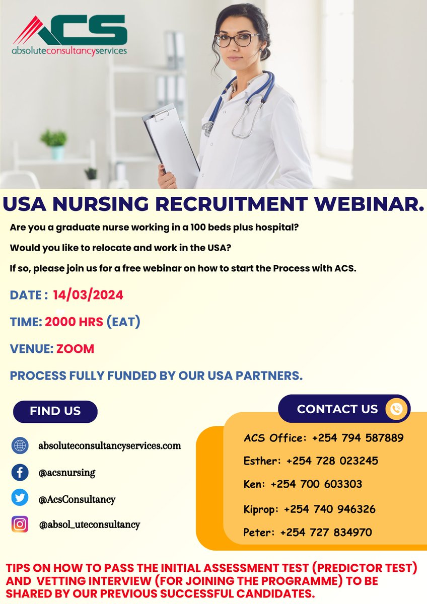 AcsConsultancy's tweet photo. https://t.co/5smRwCy80E

USA NURSING RECRUITMENT WEBINAR

The webinar is set for today at 8.00 pm East African Time.

Let's keep registering by clicking the above link.
Your presence will be appreciated. https://t.co/wJwM7vnqkm