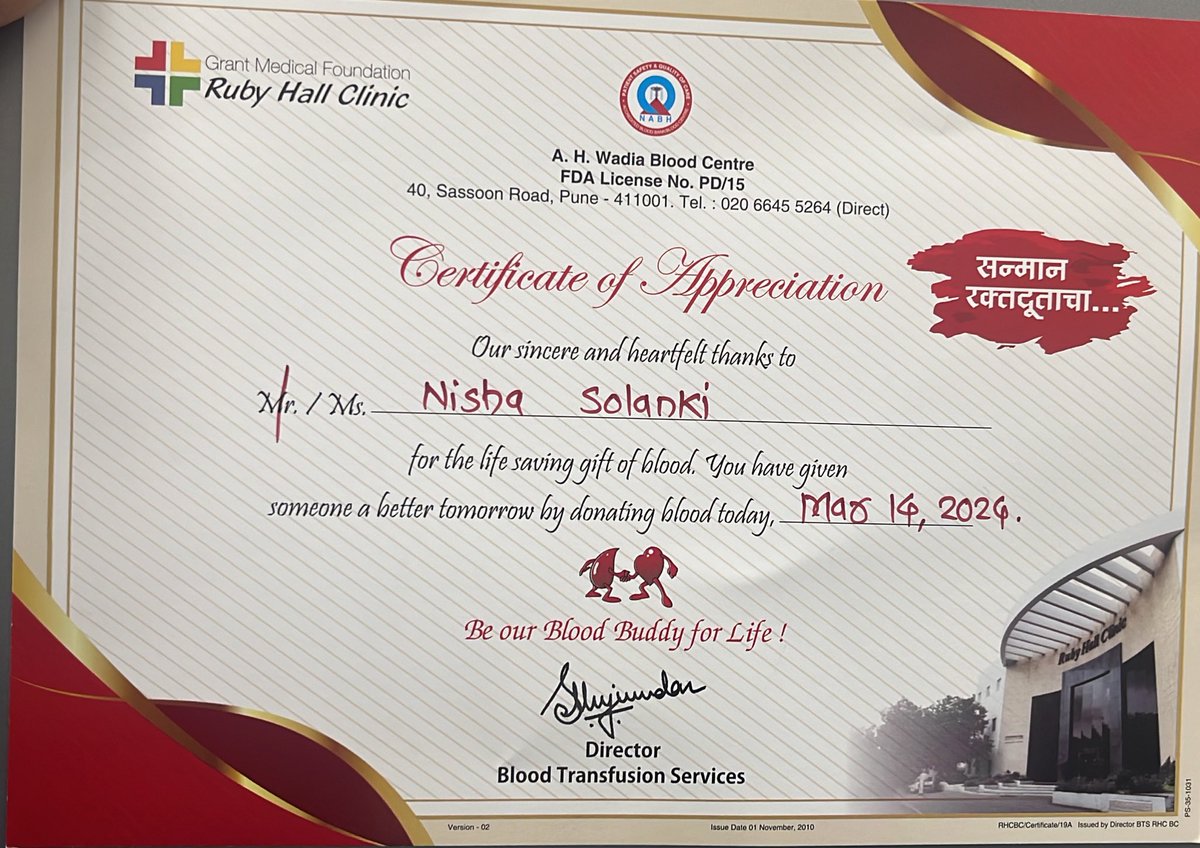 Er_NishaSolanki's tweet photo. After my #first blood π©Έ donation, I feel a profound sense of fulfillment knowing I've potentially saved lives. The simple act of giving has left me with a renewed sense of purpose and gratitude for the opportunity to make a positive impact on others' lives."
Thanks #Rucha for the motivation
#BeAHero #DonateBlood #LifeSaver
@satyender_HAS @Bhagat_syngenta
@Yashpal19337039 @deepika_bhola
