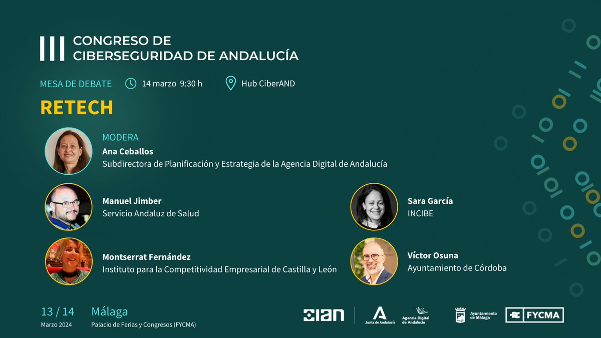 CentroCiberAND's tweet image. 🛡️ III Congreso #CiberseguridadAND

Comienza la mesa de debate “#RETECH” en Sala Hub CiberAND

💬 Modera Ana Ceballos, Subdirectora de Planificación y Estrategia de @AgenciaDigAnd.

Te lo contamos ⬇️