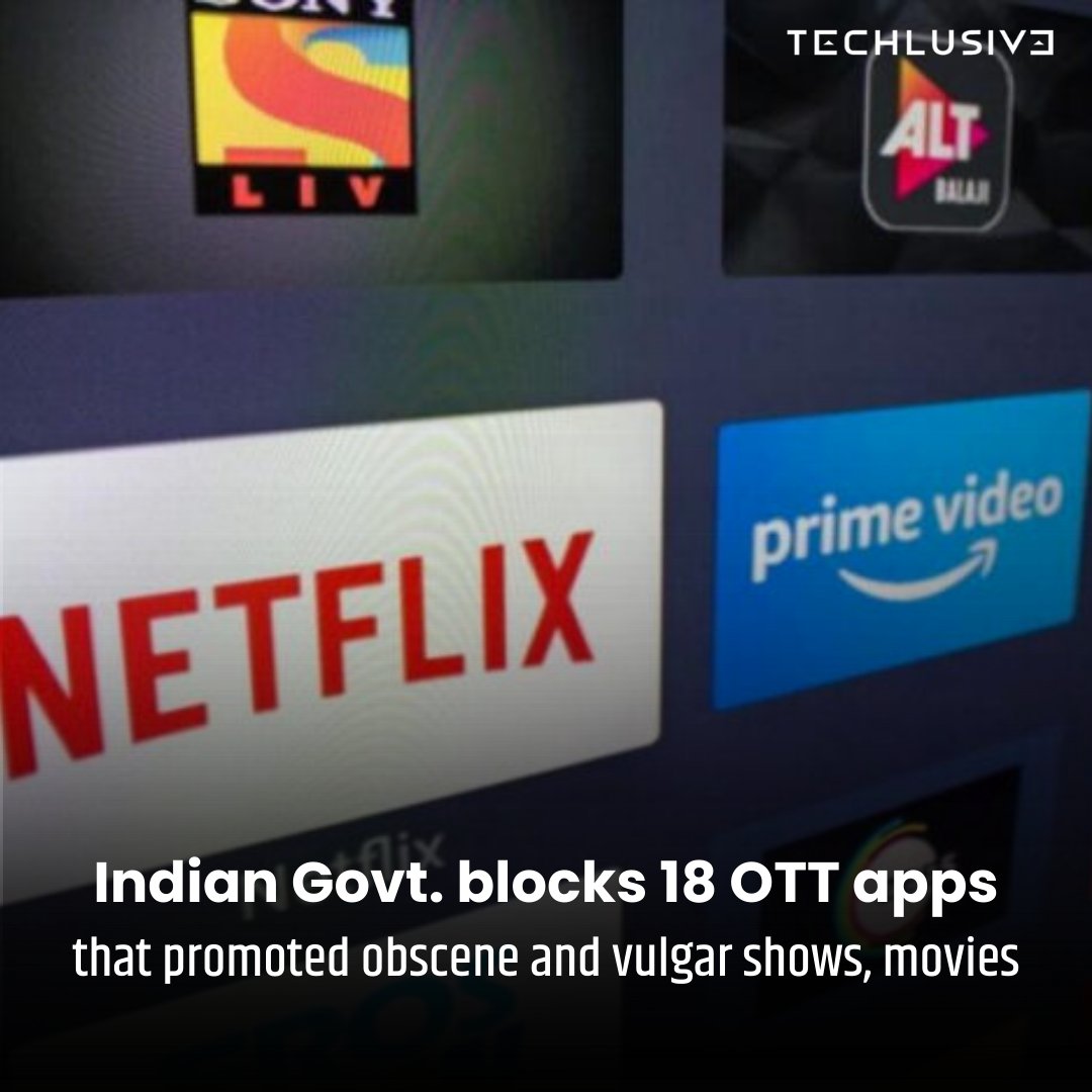 TechlusiveOFCL's tweet photo. The Ministry of Information & Broadcast (I&B) has blocked 18 OTT platforms, 19 websites, 10 apps, and 57 social media accounts for publishing vulgar and obscene content.

Full Story: https://t.co/zchBa9s9x8

#IndianGovt #OTT #OTTapp #websites #App #socialmediaaccounts #techlusive #techupdates #technews #techupdates