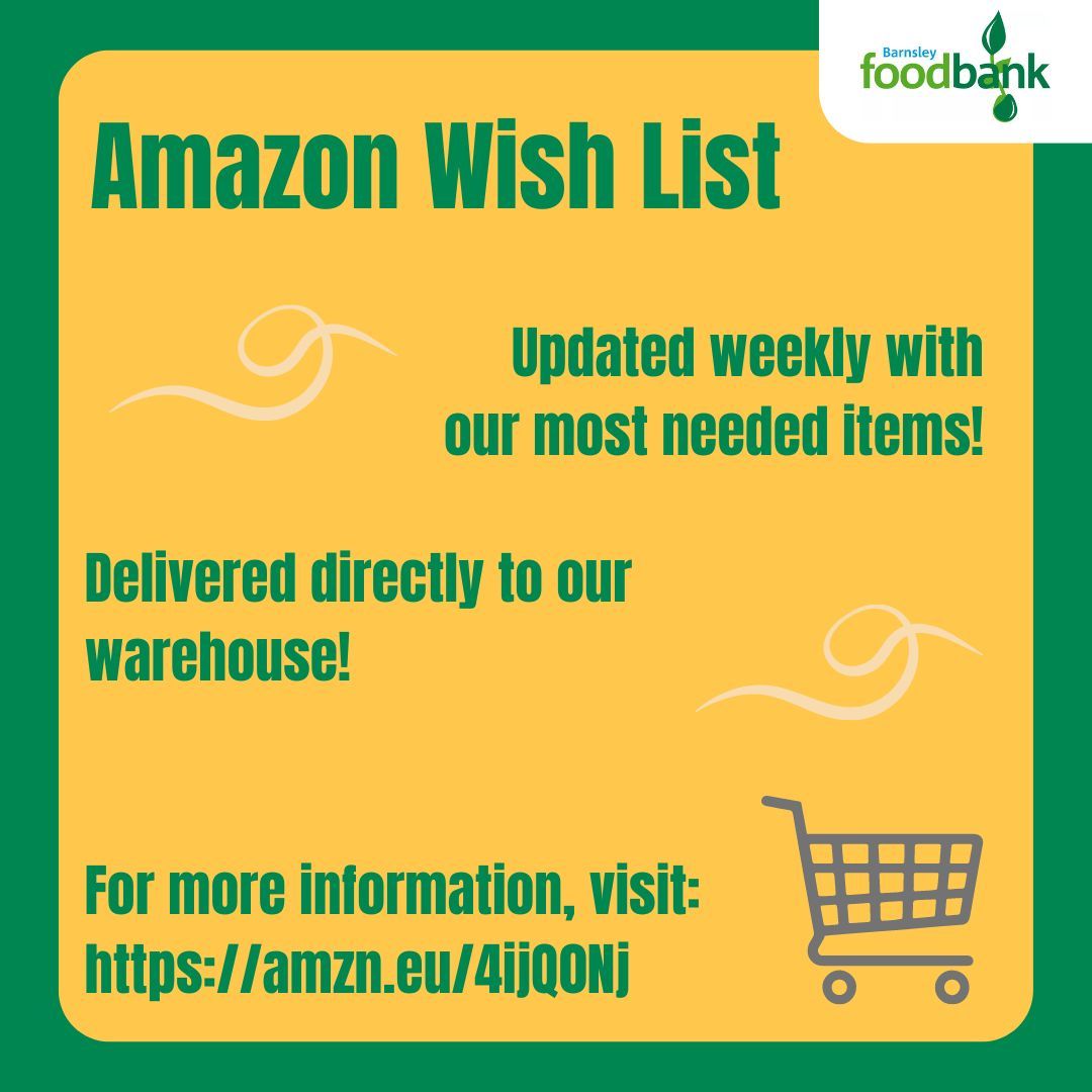 BarnsFoodbank's tweet photo. Our Amazon Wish List is updated weekly so that you can make donations and have them delivered directly to us, wherever you are!

https://t.co/zf9XQHvhPa https://t.co/I8fPkL8v2F