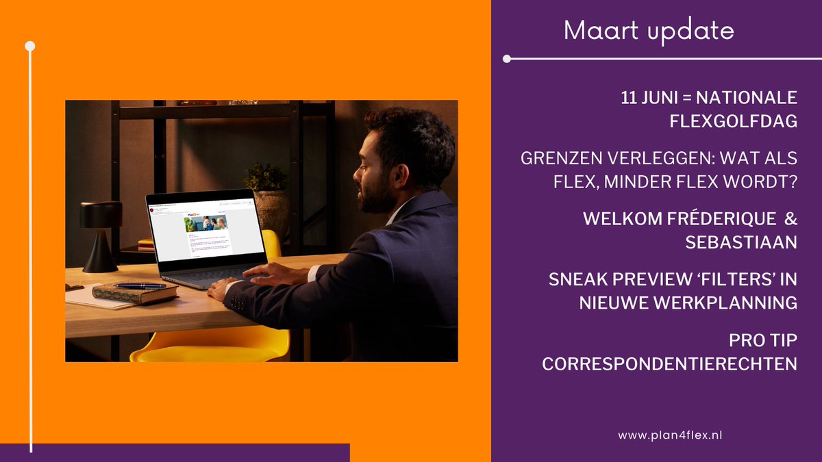 Nieuwsupdate!

Met: 11 juni, Nationale flexgolfdag, Wat als flex minder flex wordt? 'Nieuwe' collega's Fréderique &amp; Sebastiaan, Filters in de nieuwe werkplanning en Pro tip correspondentierechten

Elke maand als eerste op de hoogte?: plan4flex.nl/inschrijven-ni…
