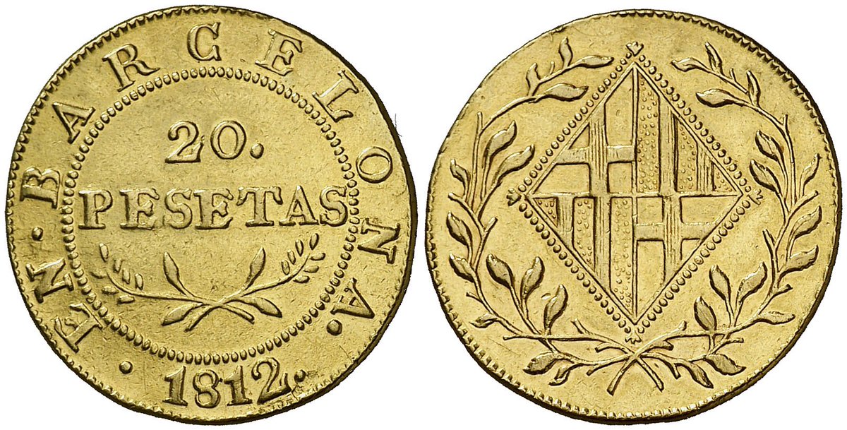 PolJunyentM's tweet photo. Pessetes de la Catalunya Napoleònica

- Una pesseta de 1810
- Dues pessetes i mitja de 1808
- Cinc pessetes o duro de 1809
- Vint pessetes d’or de 1812

Són les primeres monedes encunyades amb el nom “pesseta”. https://t.co/wG2RiZfbaX