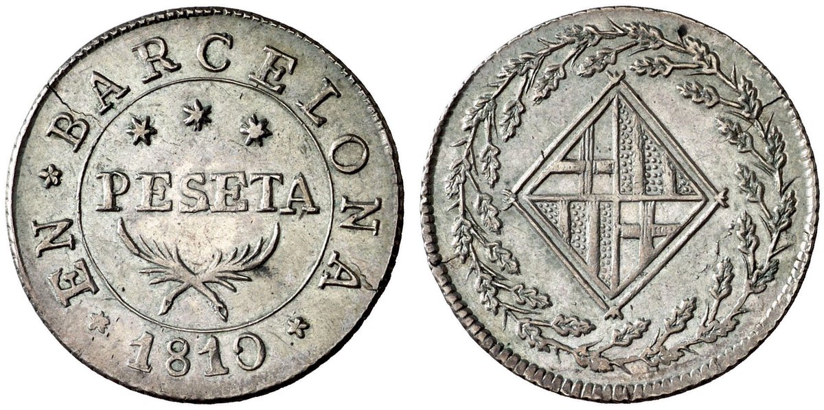 PolJunyentM's tweet photo. Pessetes de la Catalunya Napoleònica

- Una pesseta de 1810
- Dues pessetes i mitja de 1808
- Cinc pessetes o duro de 1809
- Vint pessetes d’or de 1812

Són les primeres monedes encunyades amb el nom “pesseta”. https://t.co/wG2RiZfbaX