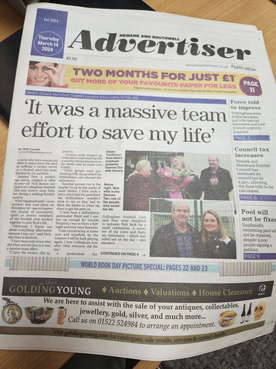 Today's front page from <a href="/advertisergroup/">Newark Advertiser</a> is a story I did at <a href="/CollinghamFC/">Collingham FC</a> club about nurse <a href="/gemmatarr/">Gemma Tarr</a> and others saving the life of a man playing walking football who had a cardiac arrest.
<a href="/NonLeagueCrowd/">Non League Crowds</a> <a href="/NottsFA/">Nottinghamshire FA ⚽️</a>