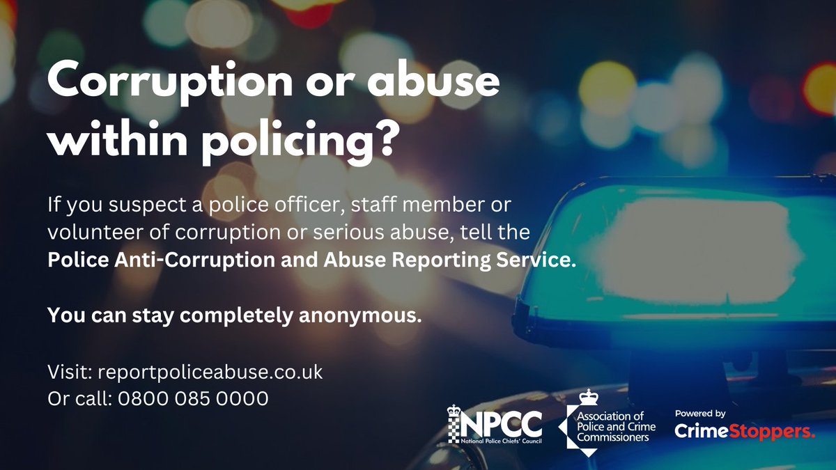 A national service for the public to report corruption and serious abuse within policing has been launched today. 

The service, run by <a href="/CrimestoppersUK/">Crimestoppers</a>, was commissioned by all police chiefs and PCCs following a successful roll-out at the Met.

Read more: news.npcc.police.uk/releases/natio…