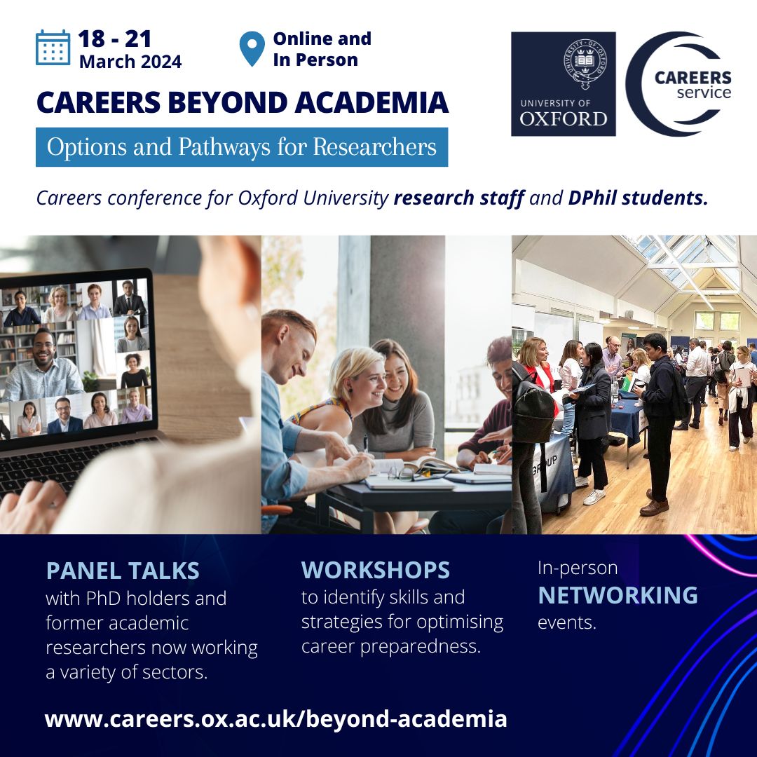 📢 Last few days to register for the events at our careers conference for @UniofOxford DPhils and Research Staff: 💡 Careers Beyond Academia: Options and Pathways Conference for #Researchers 📅 18-21 Mar 2024, Online & @OxfordCareers 👉 careers.ox.ac.uk/beyond-academia